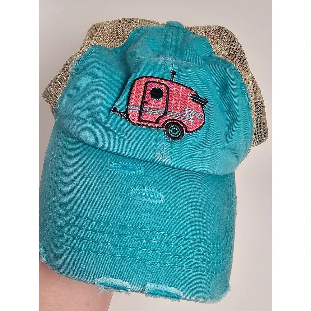 KBETHOS Ponytail‎ Trucker Hat Teal Pink Camper Trailer Distressed Mesh Cap